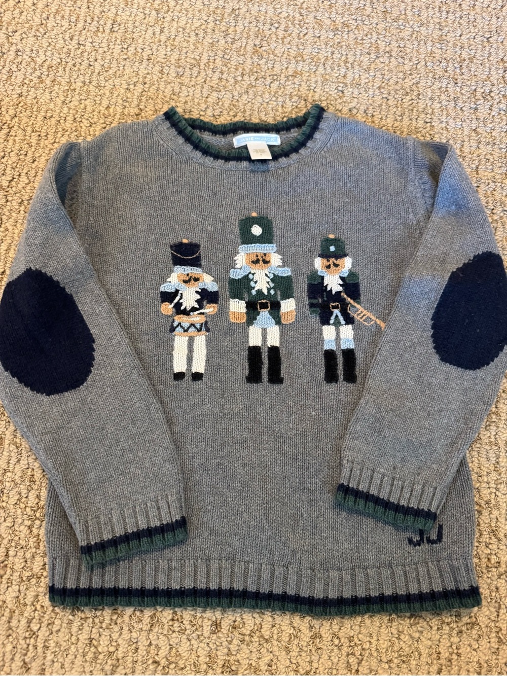 Janie and Jack 6 Gray Nutcracker Crewneck Sweater with Navy Elbow Patches